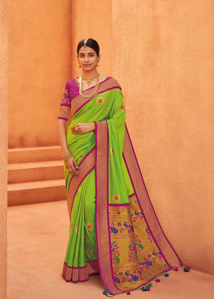 Parrot Green Embroidered Chiffon Saree With Blouse - Monjolika - 3068542