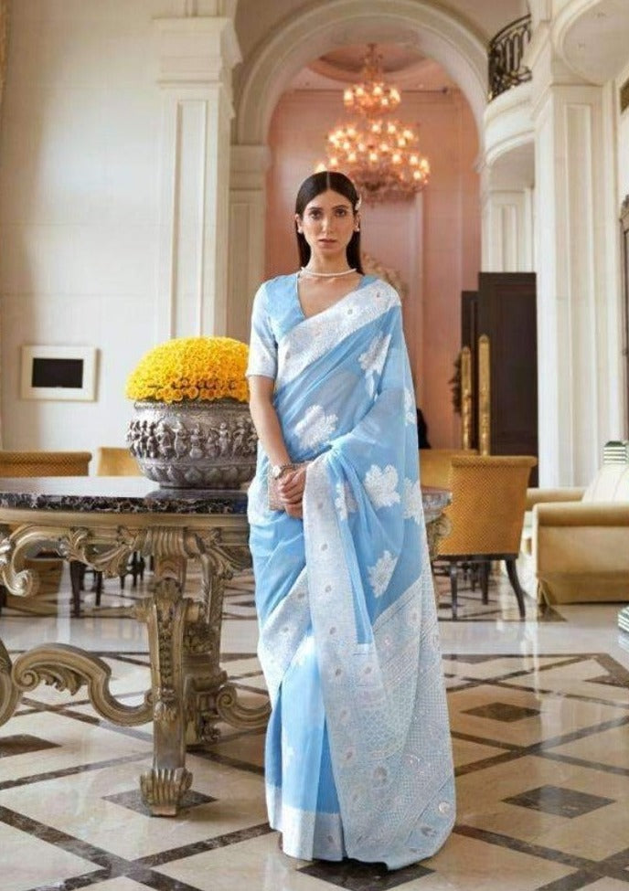 Handloom Mul Cotton Block Print Saree-White & Sky Blue