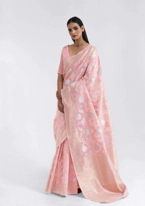 #1137 - Pastel french rose Chanderi saree with gold embellishment - Muhurat Collections