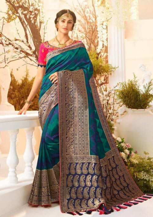 #1014 - Zigzag striped blue and green Banarasi style sari with big gold border - Muhurat Collections