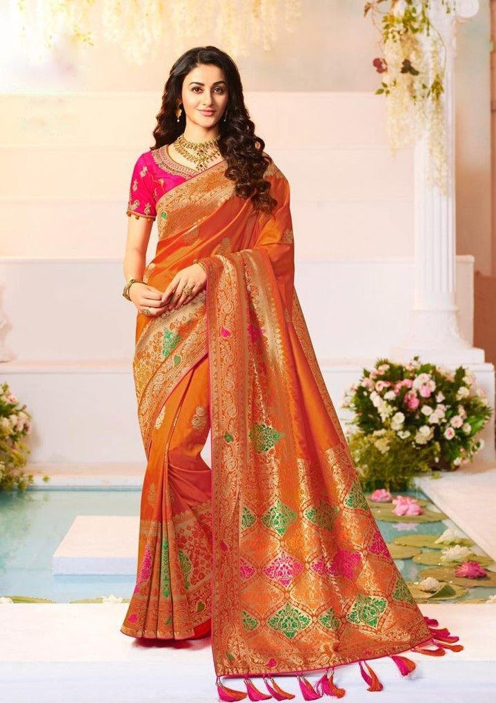 Pink Orange Golden Booti Soft Silk Banarasi Saree – Wearitage India