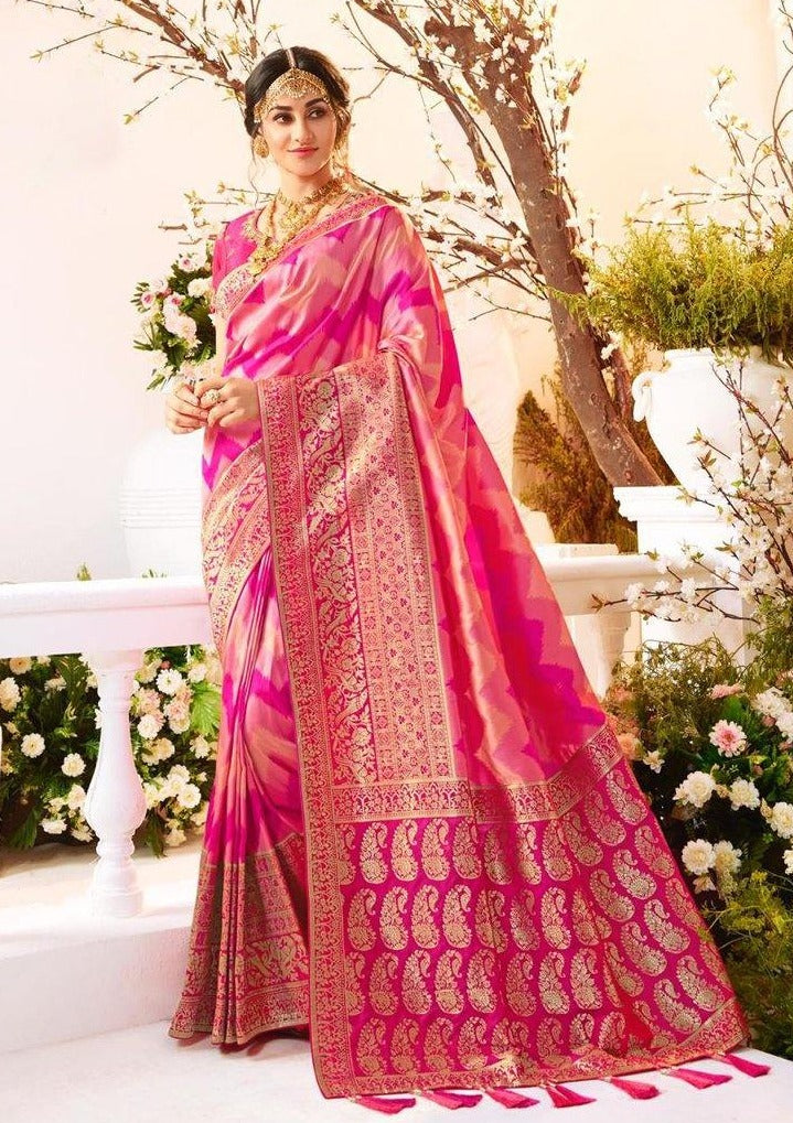 Strawberry Pink Dual Shaded Georgette Saree with Stitched Blouse - Mirra  Clothing