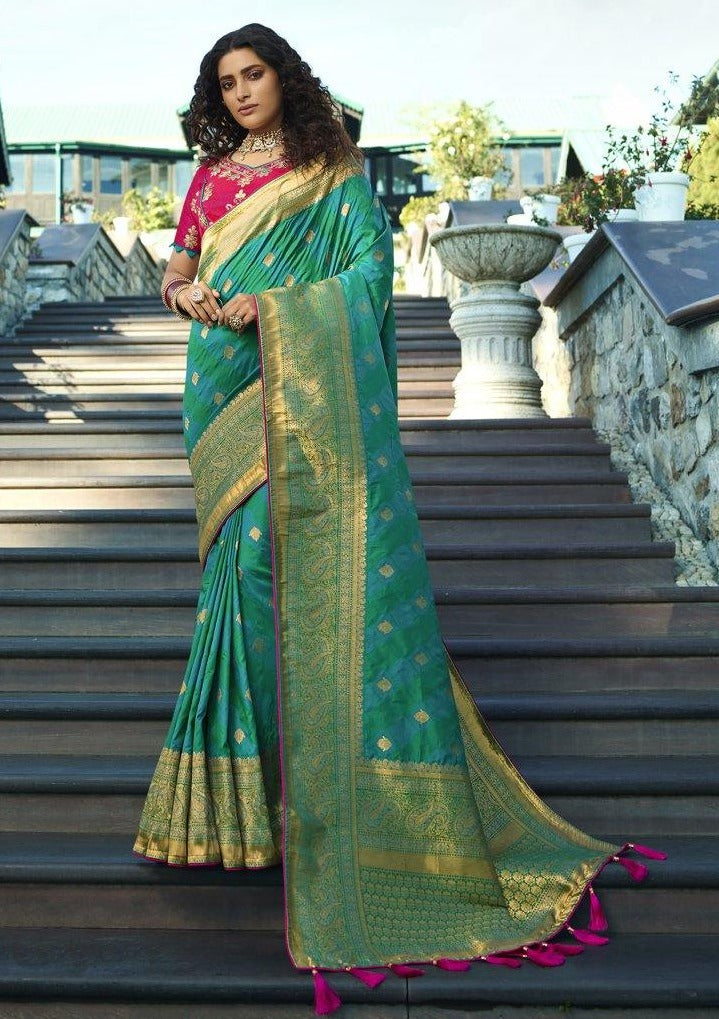 Green Katan Silk Handwoven Banarasi Saree – Banarasi Shagun