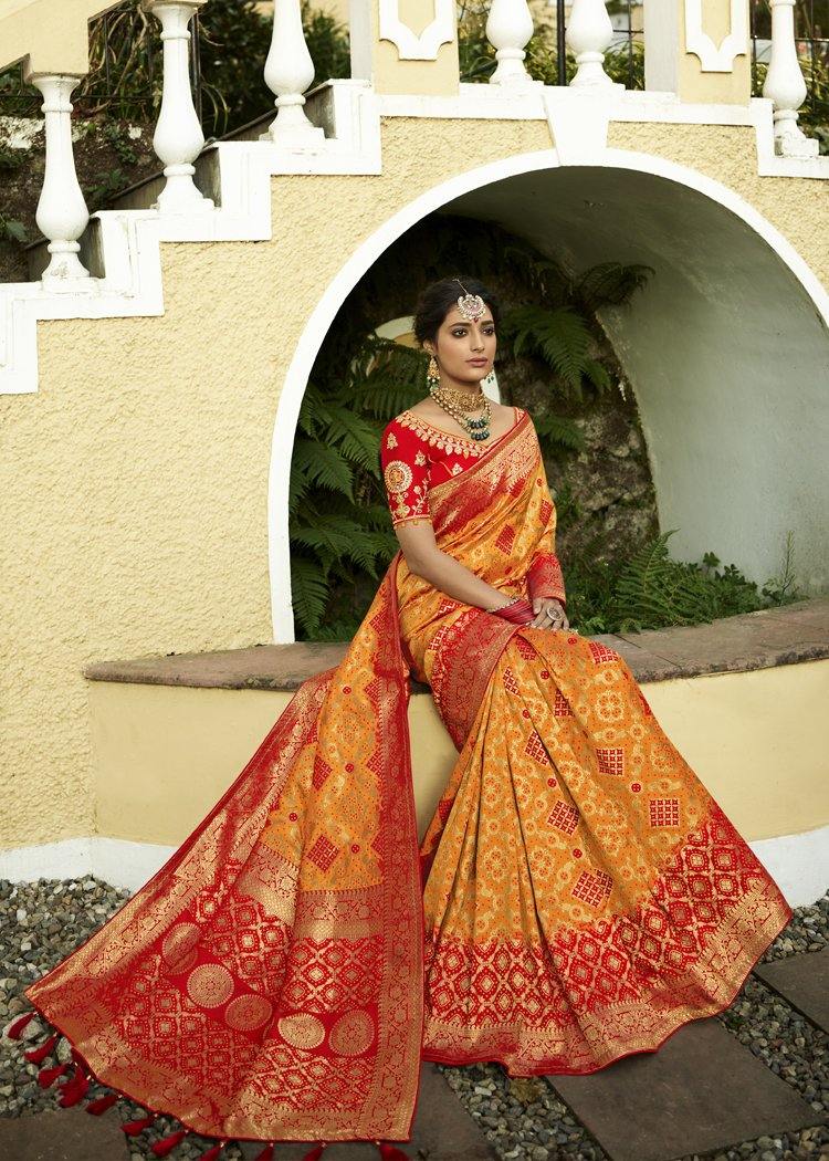 Buy BANARASI PATOLA Yellow Yellow And Red Shade Cotton Silk Banarasi Saree  With Beautiful Antique Zari Buti Work And Contrast Striped Pallu With Blouse  Piece | Shoppers Stop