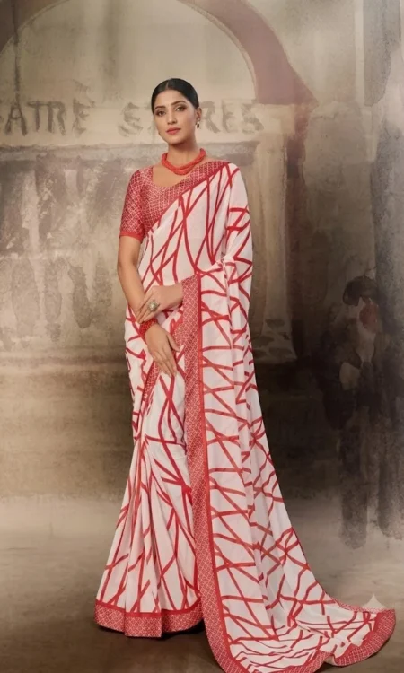 Printed Saree With Crisscross Stripes In White And Red
