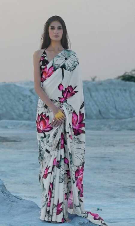 White And Pink Floral Printed Saree