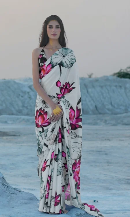 White And Pink Floral Printed Saree