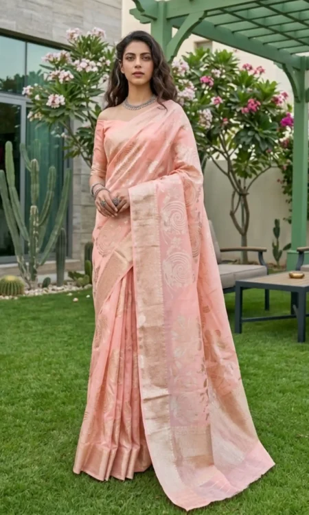 Pastel Peach And Gold Chanderi Saree