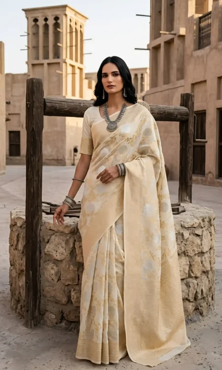 Cream Chanderi Saree With Gold Embellishment
