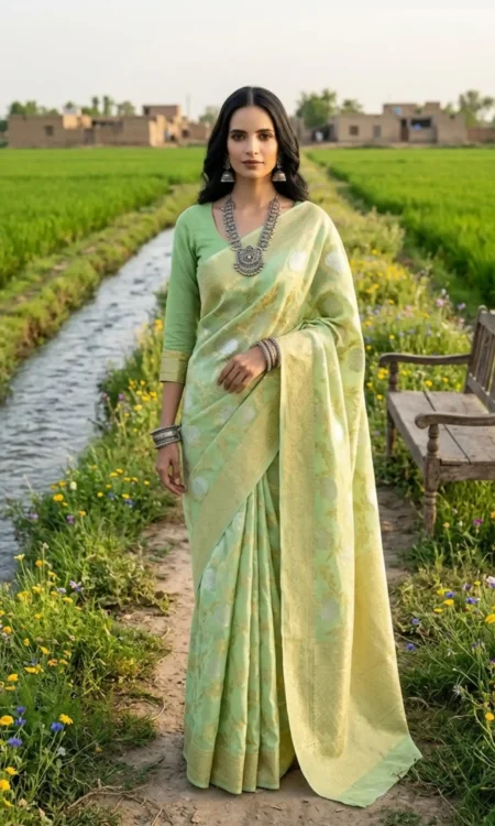 Pista Green Chanderi Saree With Gold Embellishment