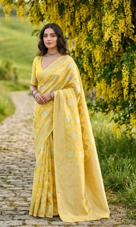 Sunflower Yellow Chanderi Saree With Gold Embellishment