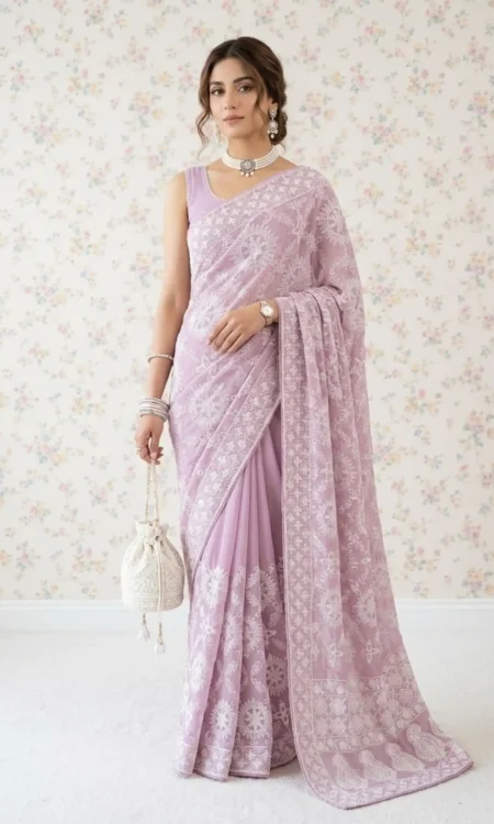 Chikankari Georgette Saree In Meadowsweet Lavender Hue