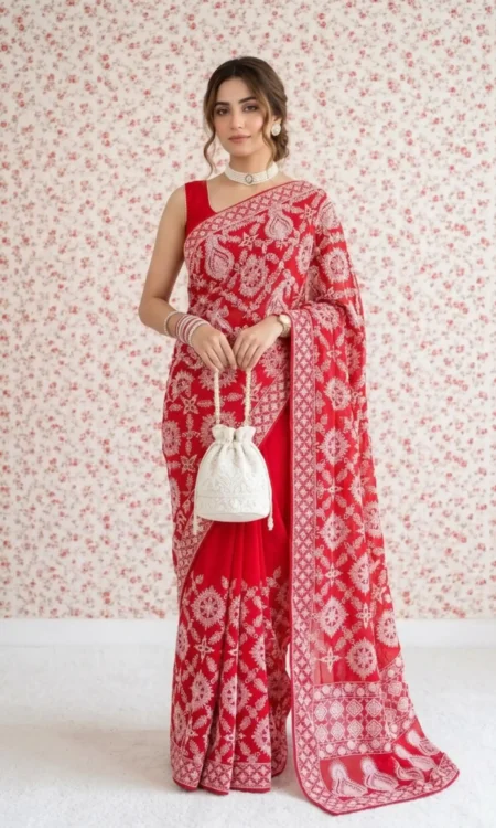 Chikankari Georgette Saree In Kumkum Red