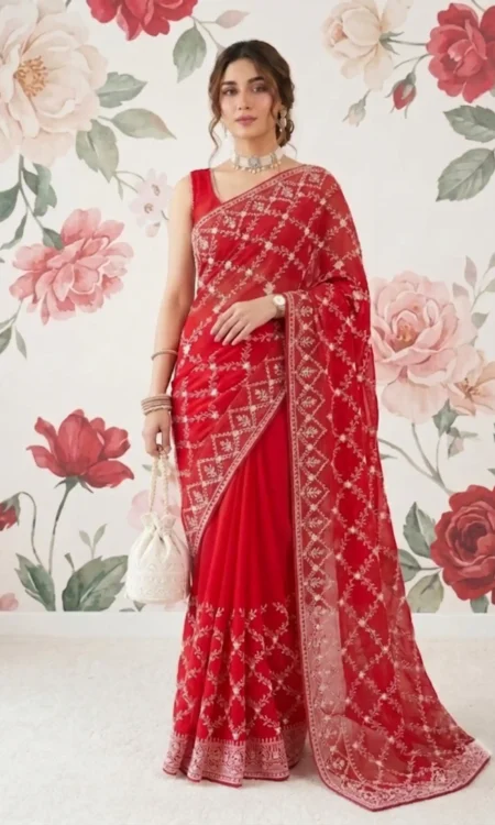 Chikankari Georgette Saree In Vermillion Red