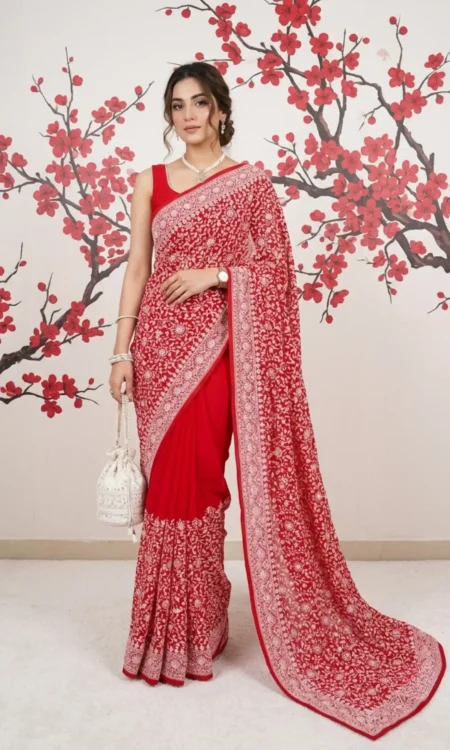 Chikankari Georgette Saree In Sangria Red