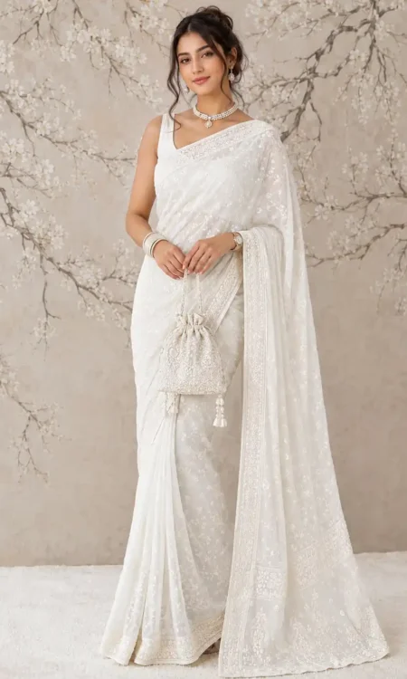 Georgette Chikankari Saree In Cloud White