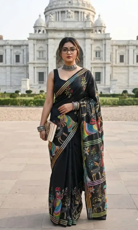 Kantha Saree In Bangalore Silk In Raven Black