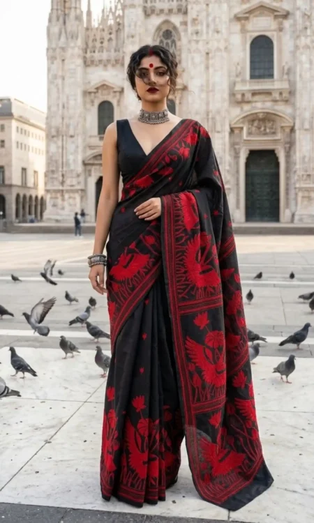 Kantha Saree In Bangalore Silk In Jet Black