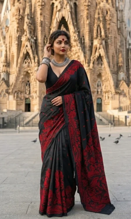 Kantha Saree In Bangalore Silk In Pitch Black