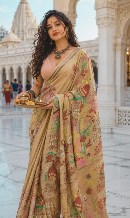 Kantha Saree In Bangalore Silk In Sand Beige