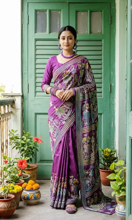 Kantha Saree In Bangalore Silk In Deep Plum