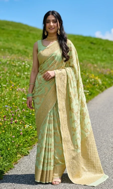 Pure Georgette Khaddi Jaal Banarasi Saree In Effervescent Green