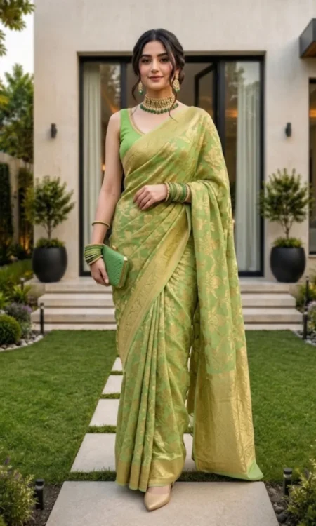 Pure Georgette Khaddi Jaal Banarasi Saree In Spring Leaf Green