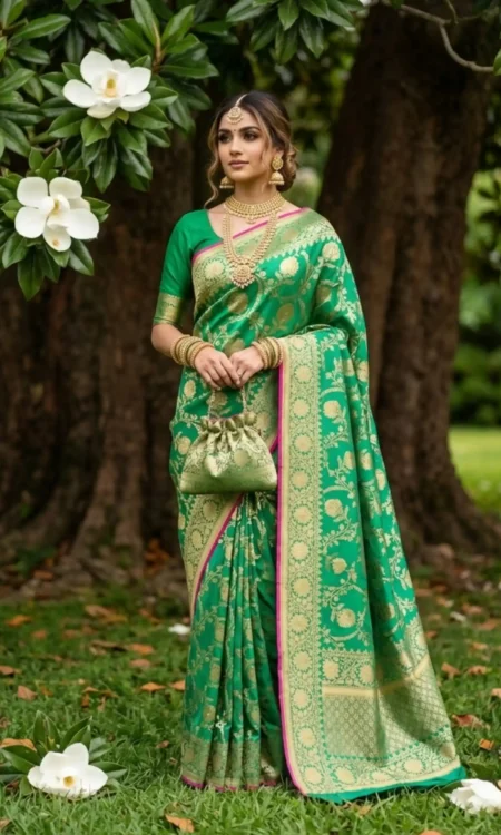 Banarasi Pure Mashru Silk Saree In Chestnut Green