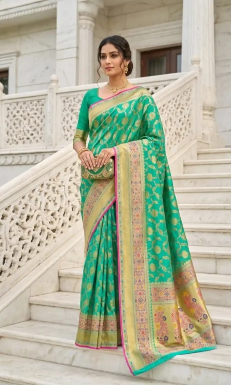 Banarasi Pure Katan Silk Saree In Turquoise Blue