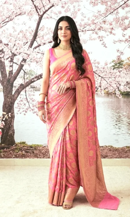 Bubblegum Pink And Gold Banarasi Khaddi Georgette Saree