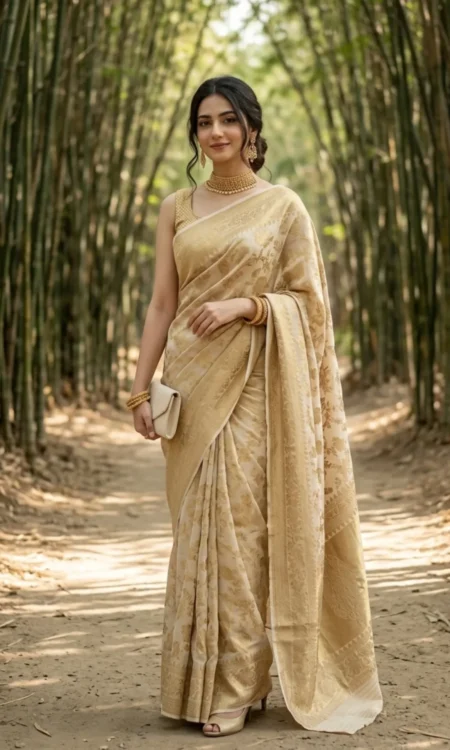Carrera Cream And Gold Banarasi Khaddi Georgette Saree