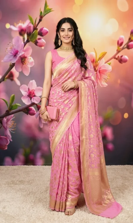 Pale Pink And Gold Banarasi Khaddi Georgette Saree