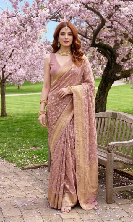 Jellybean Mauve And Gold Banarasi Khaddi Georgette Saree