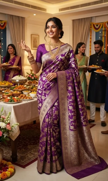 Wine And Gold Banarasi Khaddi Georgette Saree