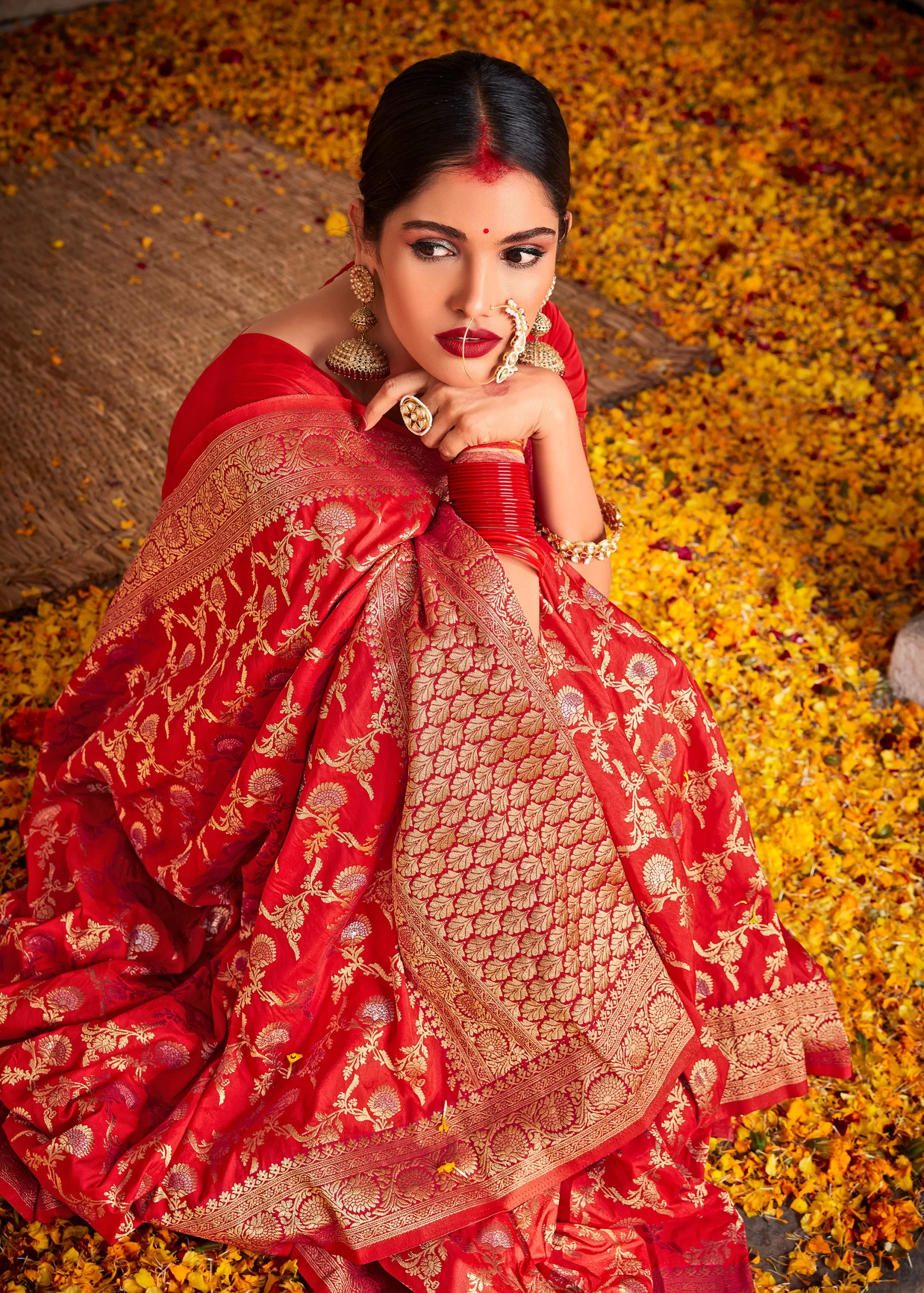 Red Banarasi Georgette Saree With GoldZari Jaal Work| Red Wedding Saree