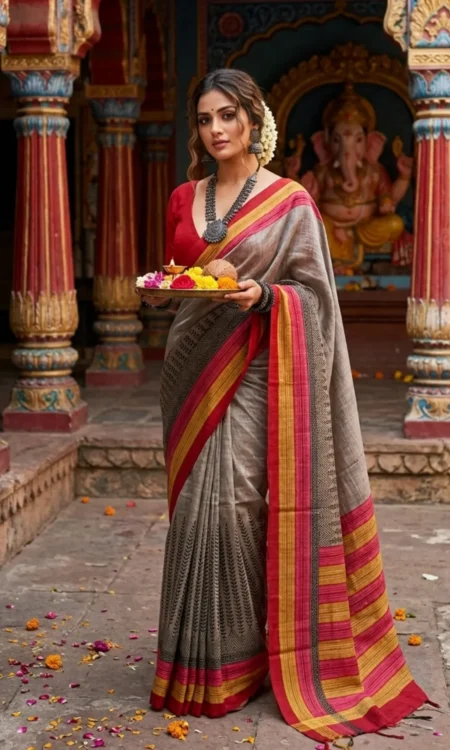 Semi Tussar Gray Printed Saree