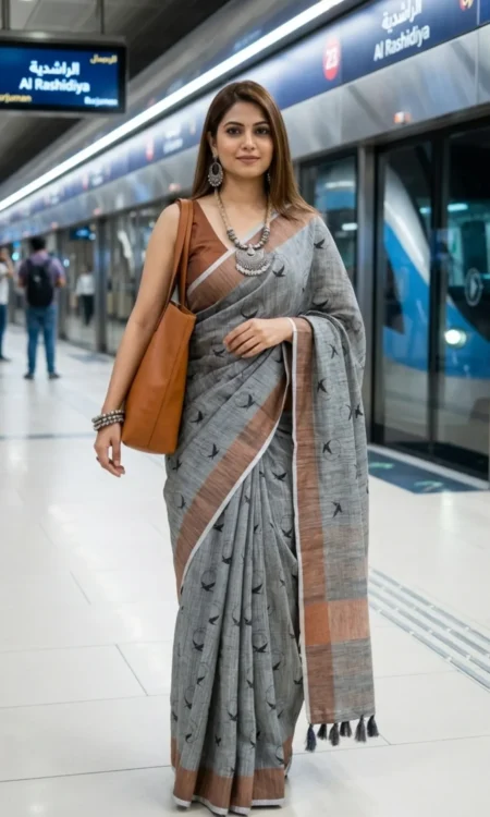 Gray Linen Sparrow Motif Saree