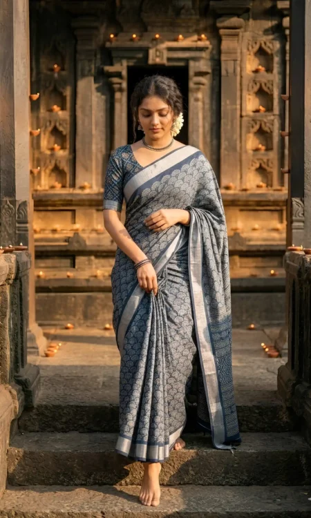 Blue Printed Cotton-Silk Saree