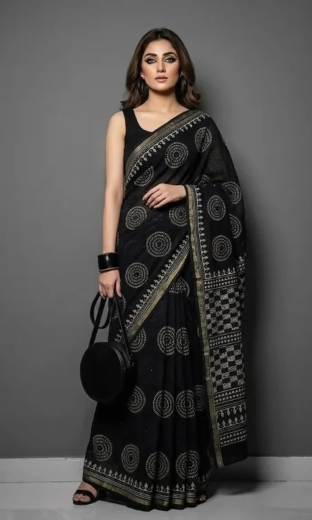 Wheel Motif Printed Black Cotton Saree