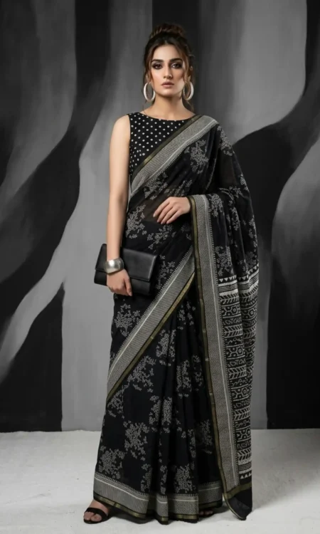 Black Floral Motif Printed Cotton Saree