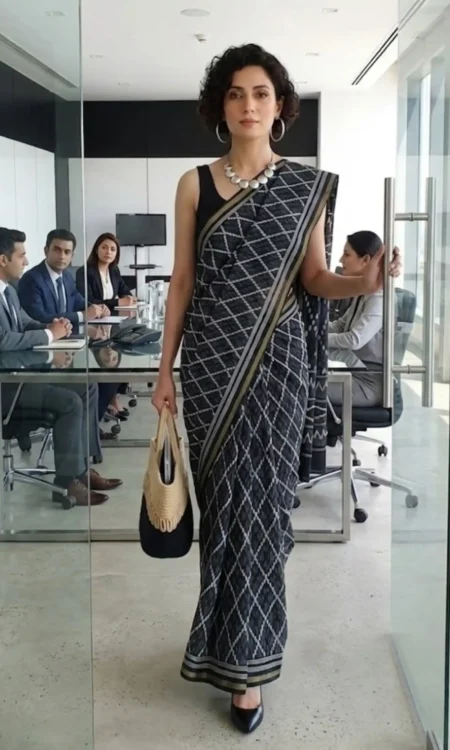 Black Diamond Motif Printed Cotton Saree