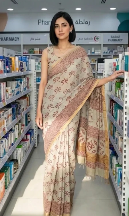 Silver Grey Printed Cotton Saree
