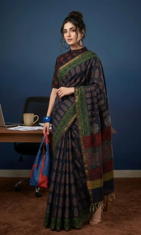 Blue Tree Motif Printed Cotton Saree