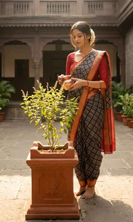 Black Square Motif Printed Cotton Saree