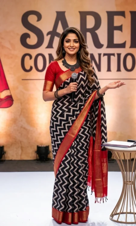 Black White Zigzag Printed Cotton Saree