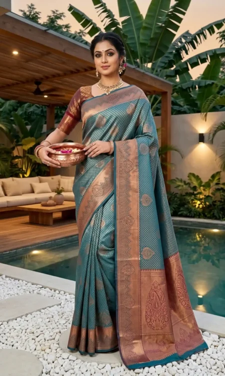Enchanting Topaz Blue Kanjivaram Saree