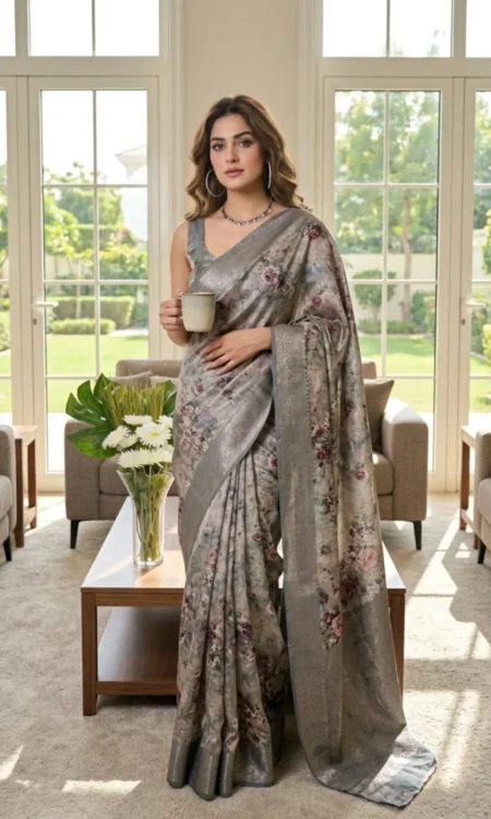 Green Floral Printed Cotton-Silk Saree