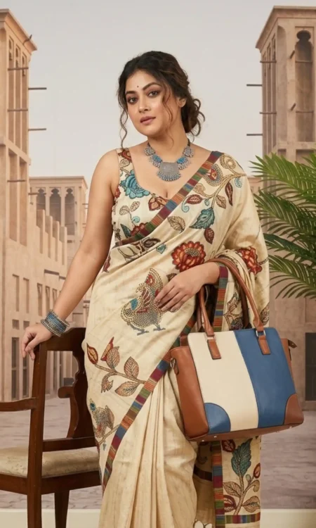 Cream Applique Printed Semi-Tussar Saree