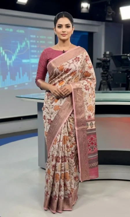 White Floral Printed Cotton-Silk Saree