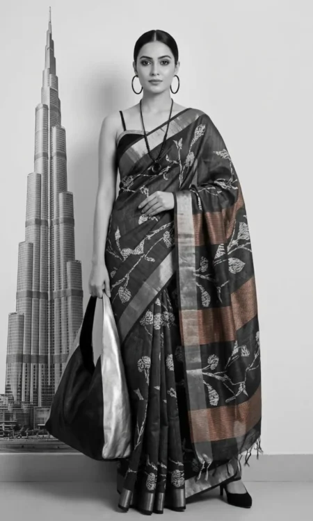 Gray Printed Cotton-Silk Saree
